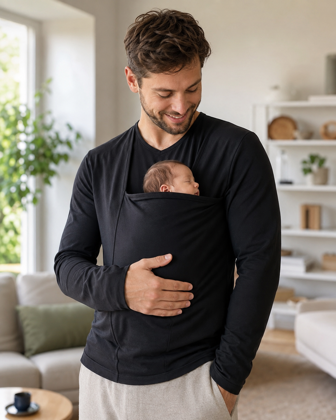 Noir · Longue · T-shirt porte-bébé Nidou noir manches longues, à la maison