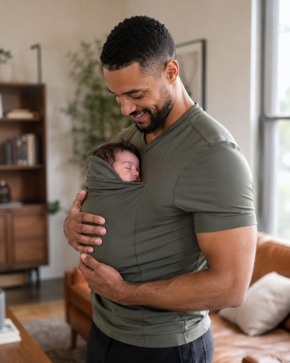 Vert · Courte · T-shirt porte-bébé Nidou vert sauge, papa et bébé