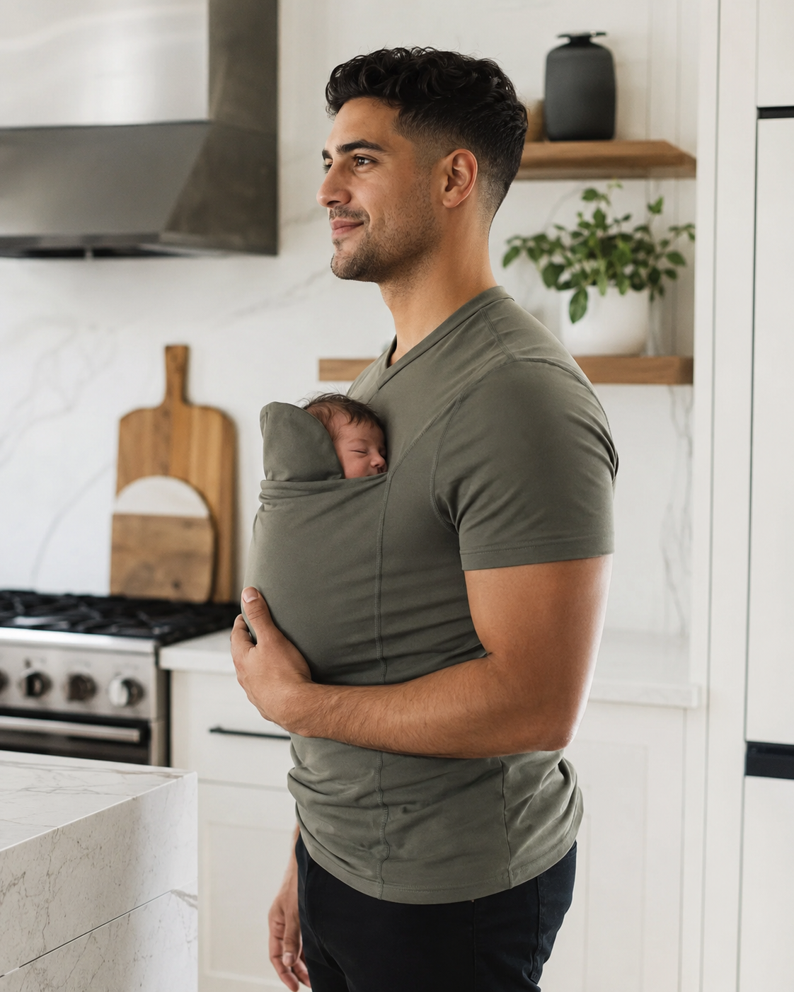 Vert · Courte · T-shirt porte-bébé Nidou vert sauge, dans la cuisine