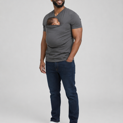 Gris · Courte · T-shirt porte-bébé Nidou gris, plan studio en pied
