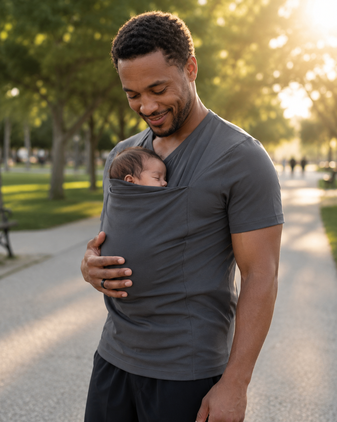 Gris · Courte · T-shirt porte-bébé Nidou gris, papa et bébé en extérieur