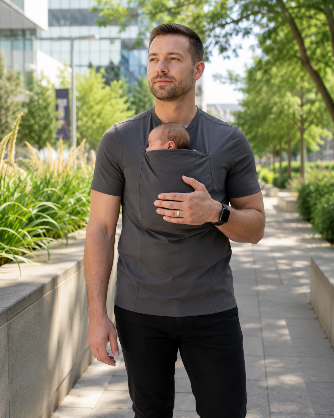 Gris · Courte · T-shirt porte-bébé Nidou gris, papa en balade